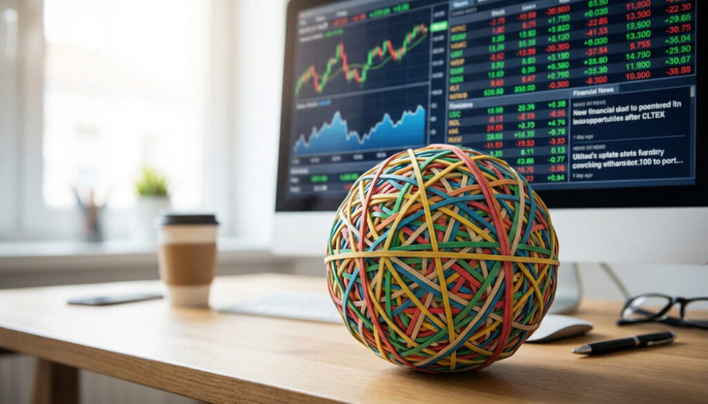 Rubber band ball with stocks on screen behind